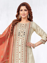 Beige and peach silk printed straight cut salwar suit
