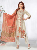 Beige and peach silk printed straight cut salwar suit