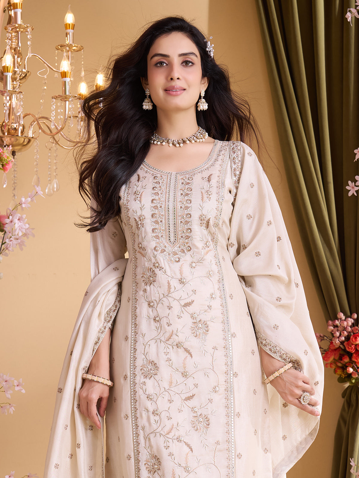 Off white silk straight cut salwar suit