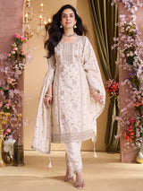 Off white silk straight cut salwar suit
