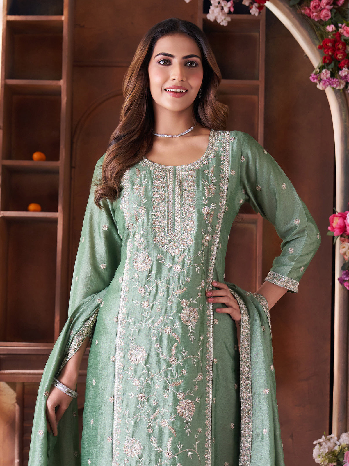 Pista green festive wear silk straight cut salwar suit