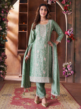 Pista green festive wear silk straight cut salwar suit