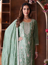 Pista green festive wear silk straight cut salwar suit