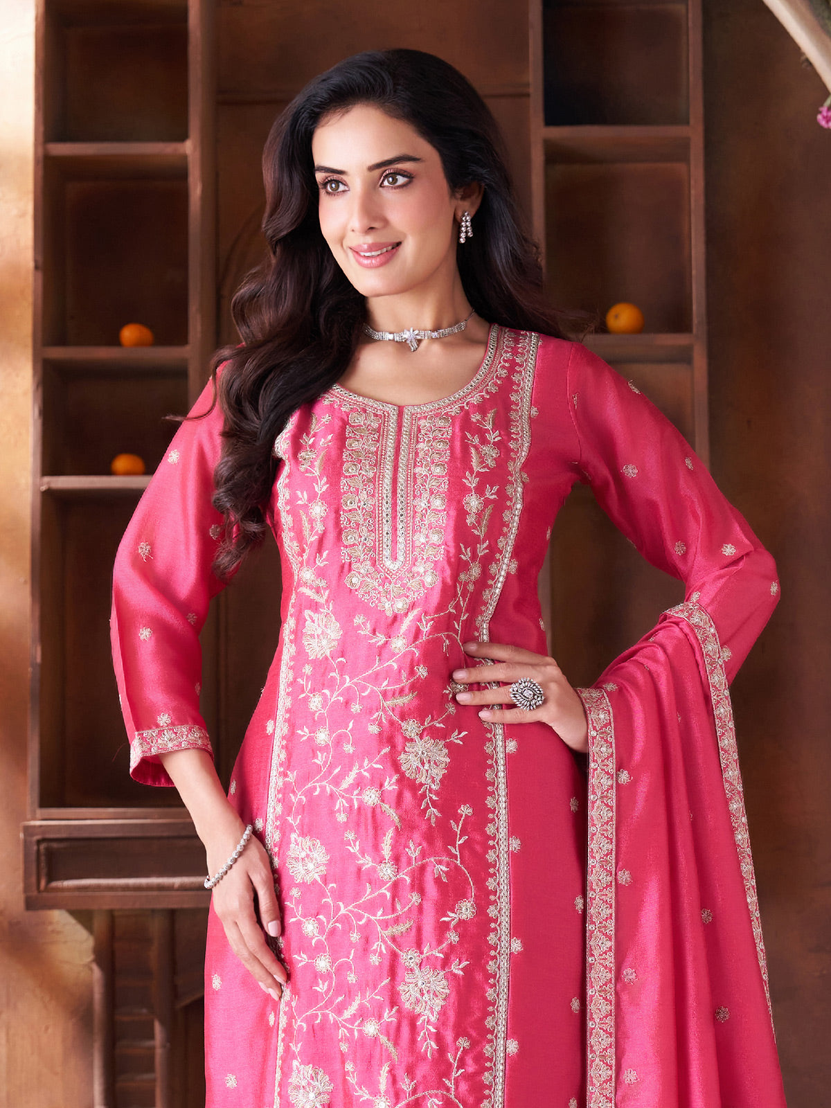 Rani pink silk salwar suit in straight cut