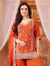 Deep orange chiffon palazzo suit with dupatta