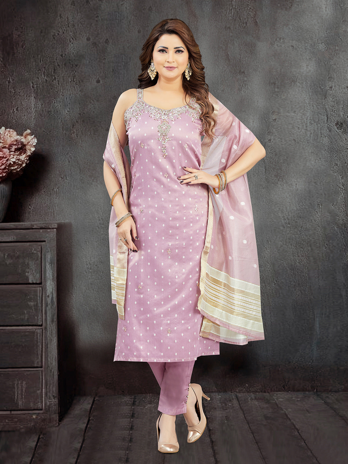 Lilac purple silk straight cut salwar suit