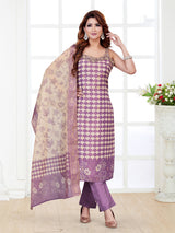 Purple floral printed silk straight cut salwar suit