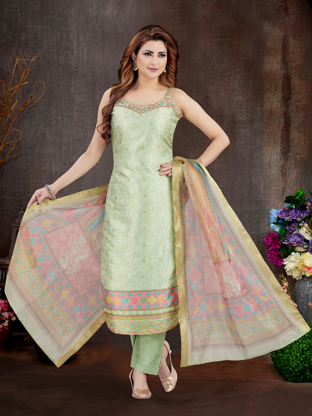 Pista green silk straight cut festive wear salwar suit