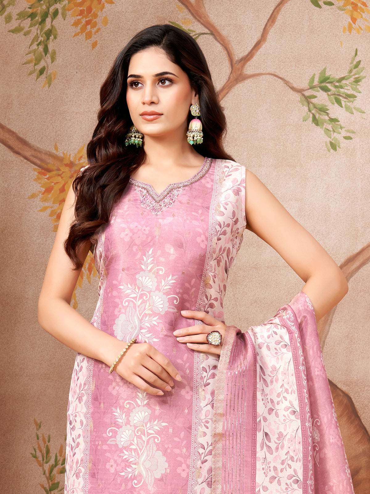 Onion pink floral silk straight cut salwar suit