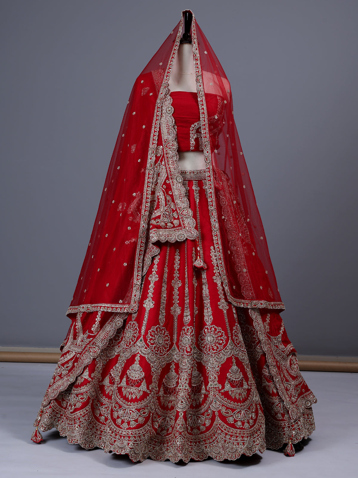 Red raw silk bridal lehenga choli with double bridal dupatta