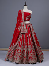 Red raw silk bridal lehenga choli with double bridal dupatta