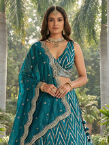 Aqua blue embroidered silk lehenga choli with dupatta