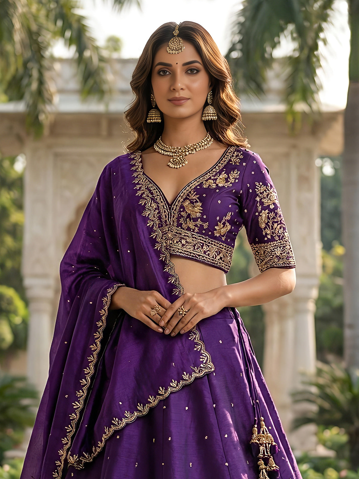 Violet embroidered slub silk lehenga choli with dupatta