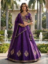 Violet embroidered slub silk lehenga choli with dupatta