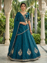 Peacock green embroidered slub silk lehenga choli