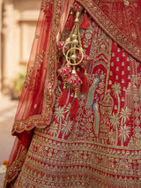 Red peacock embroidered bridal silk lehenga choli ensemble
