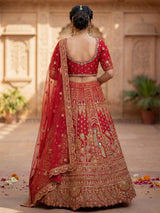 Red peacock embroidered bridal silk lehenga choli ensemble