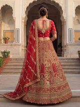 Red embroidered silk bridal unstitched lehenga choli