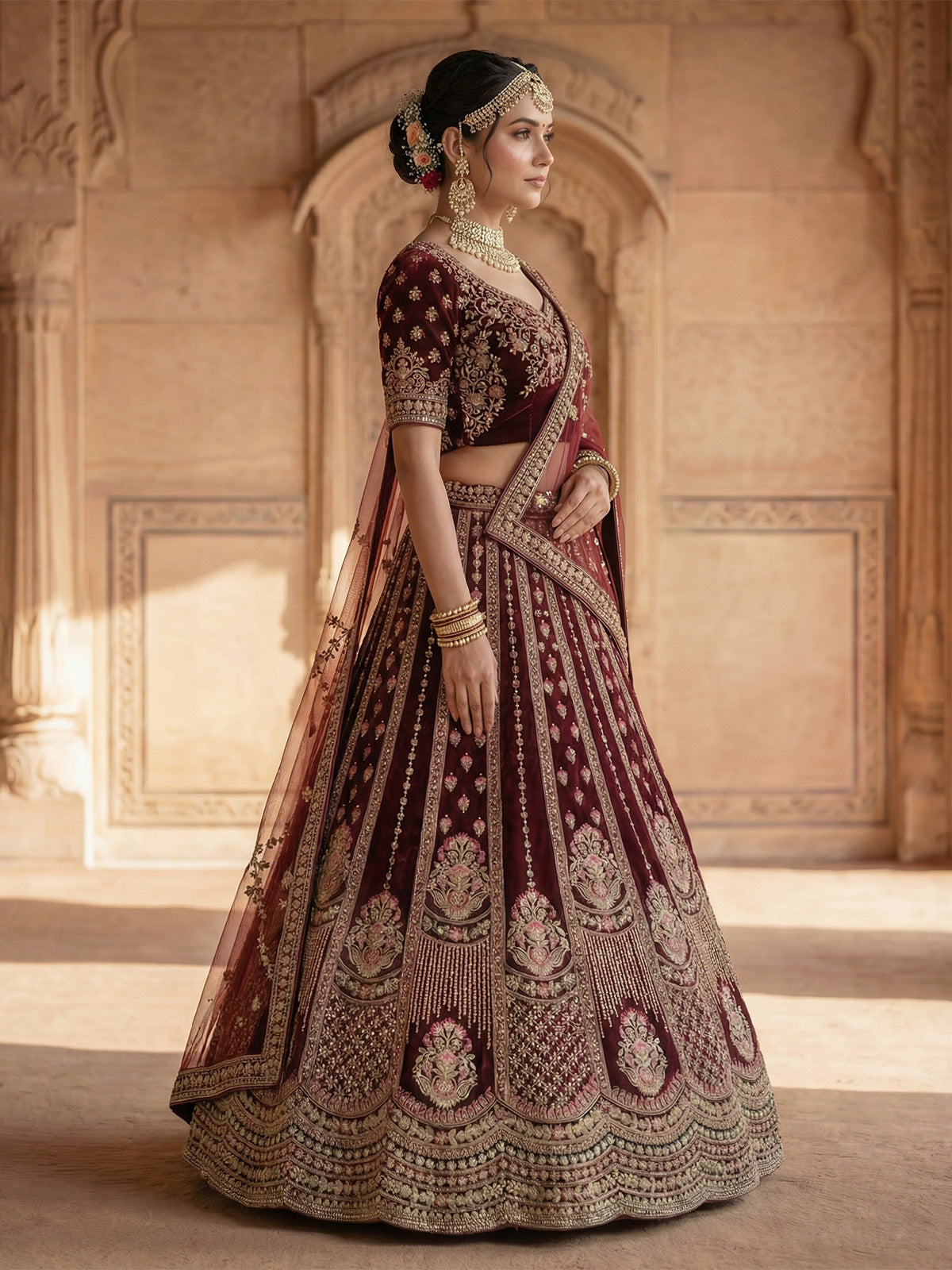 Maroon velvet bridal unstitched lehenga choli with double dupatta