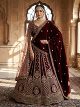 Maroon velvet bridal unstitched lehenga choli with double dupatta