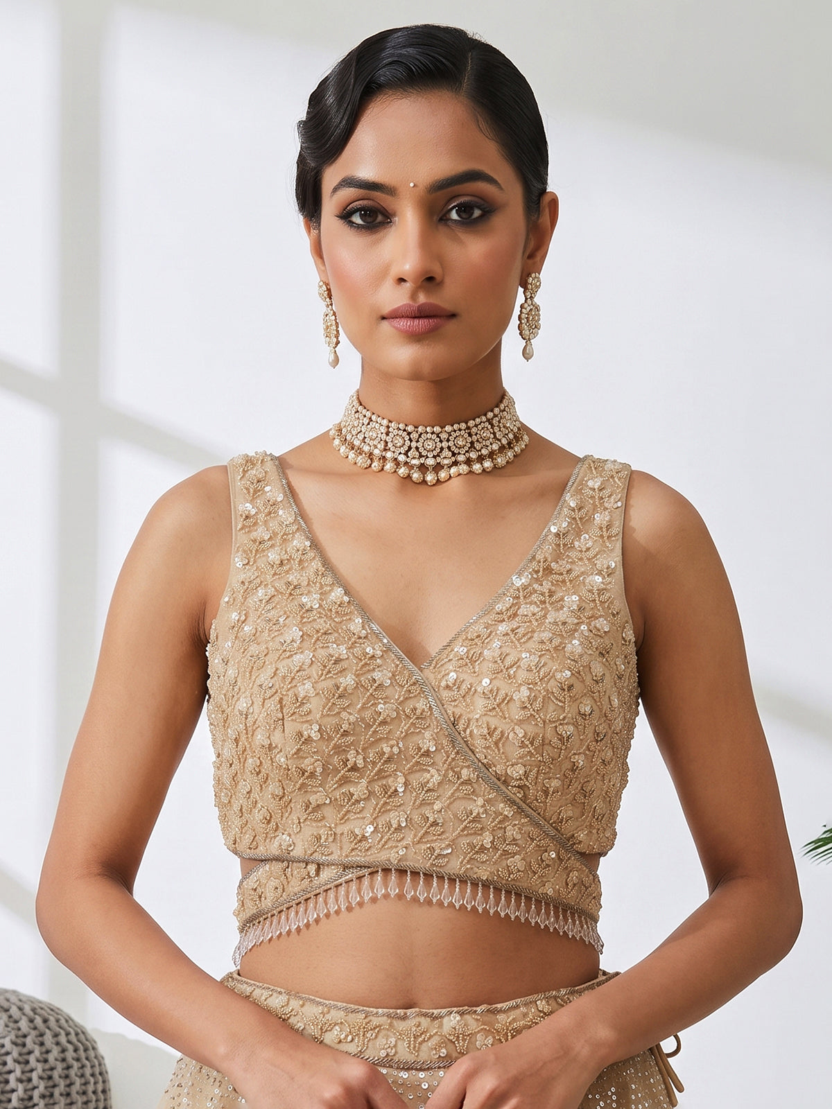 Beige designer net embroidered lehenga choli