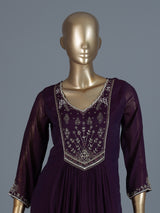 Wine georgette silk anarkali kurti set with dupatta