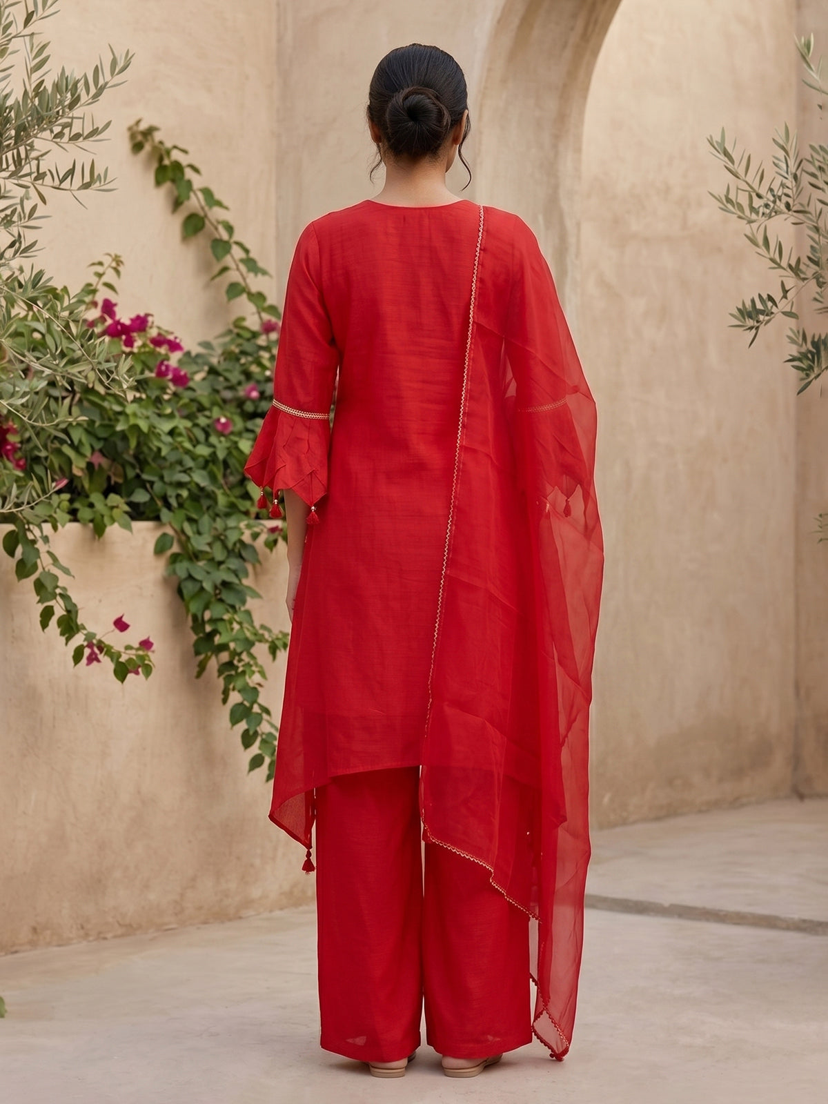 Red slub silk indo-western palazzo suit with dupatta