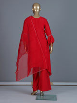 Red slub silk indo-western palazzo suit with dupatta