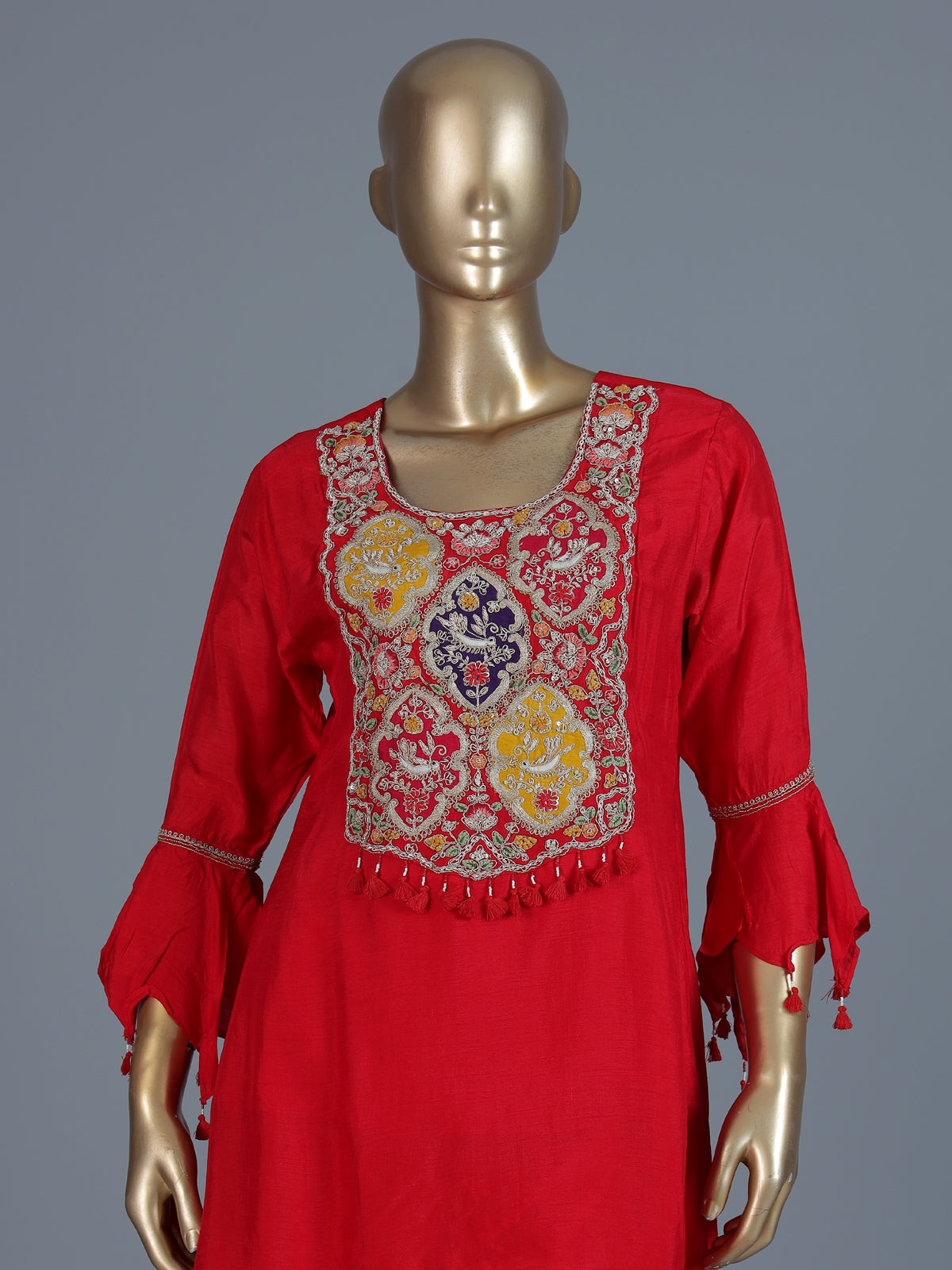 Red slub silk indo-western palazzo suit with dupatta