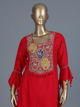 Red slub silk indo-western palazzo suit with dupatta