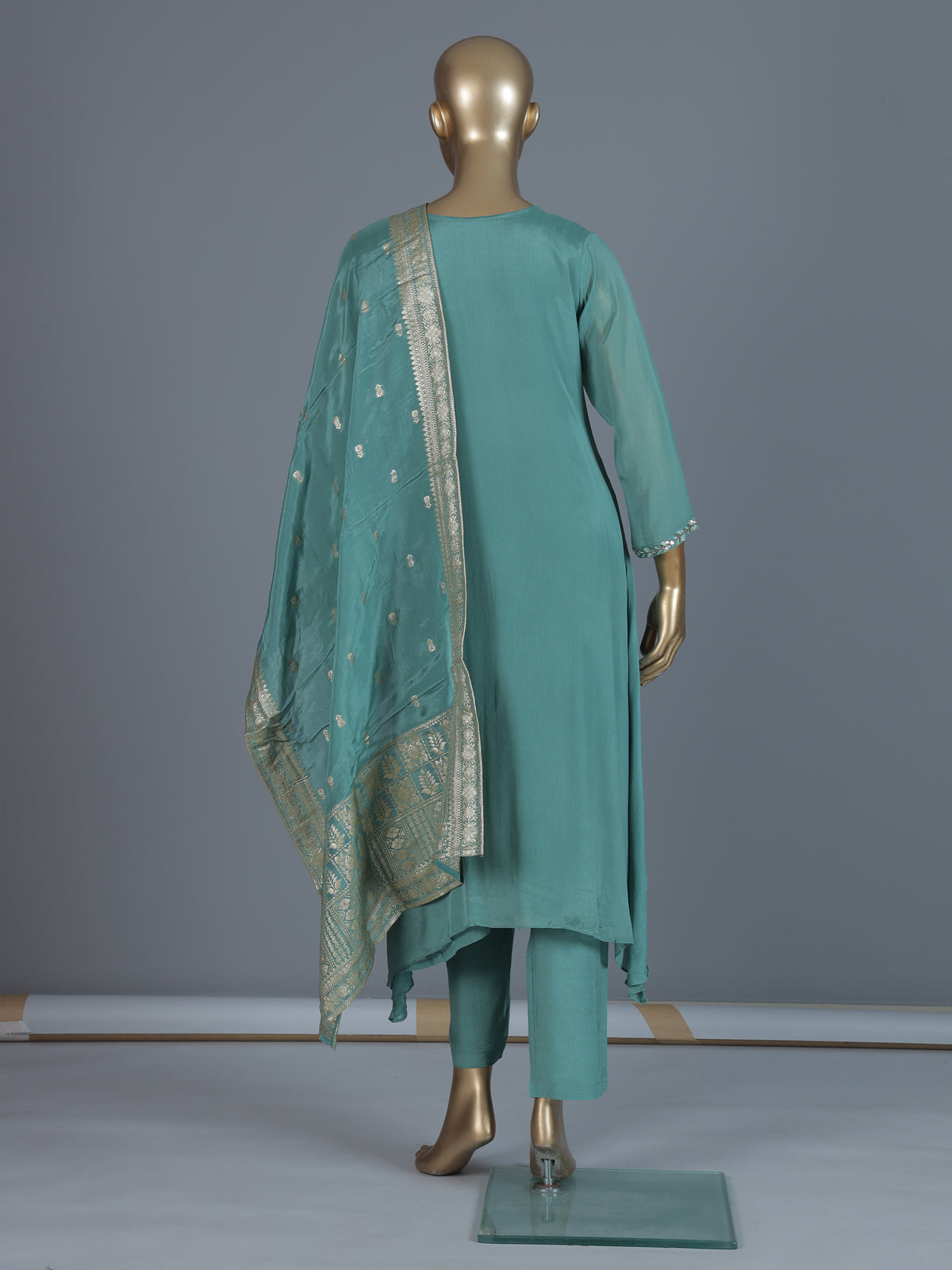 Green georgette silk mirror work palazzo suit ensemble