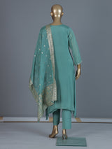 Green georgette silk mirror work palazzo suit ensemble