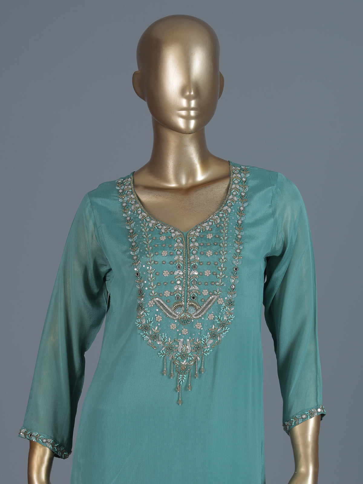 Green georgette silk mirror work palazzo suit ensemble