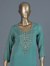 Green georgette silk mirror work palazzo suit ensemble