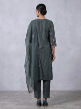 Dark green embroidered slub silk straight salwar suit