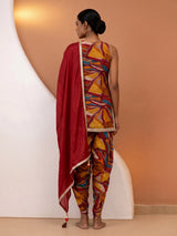 Multicolour printed chinon silk dhoti suit with dupatta