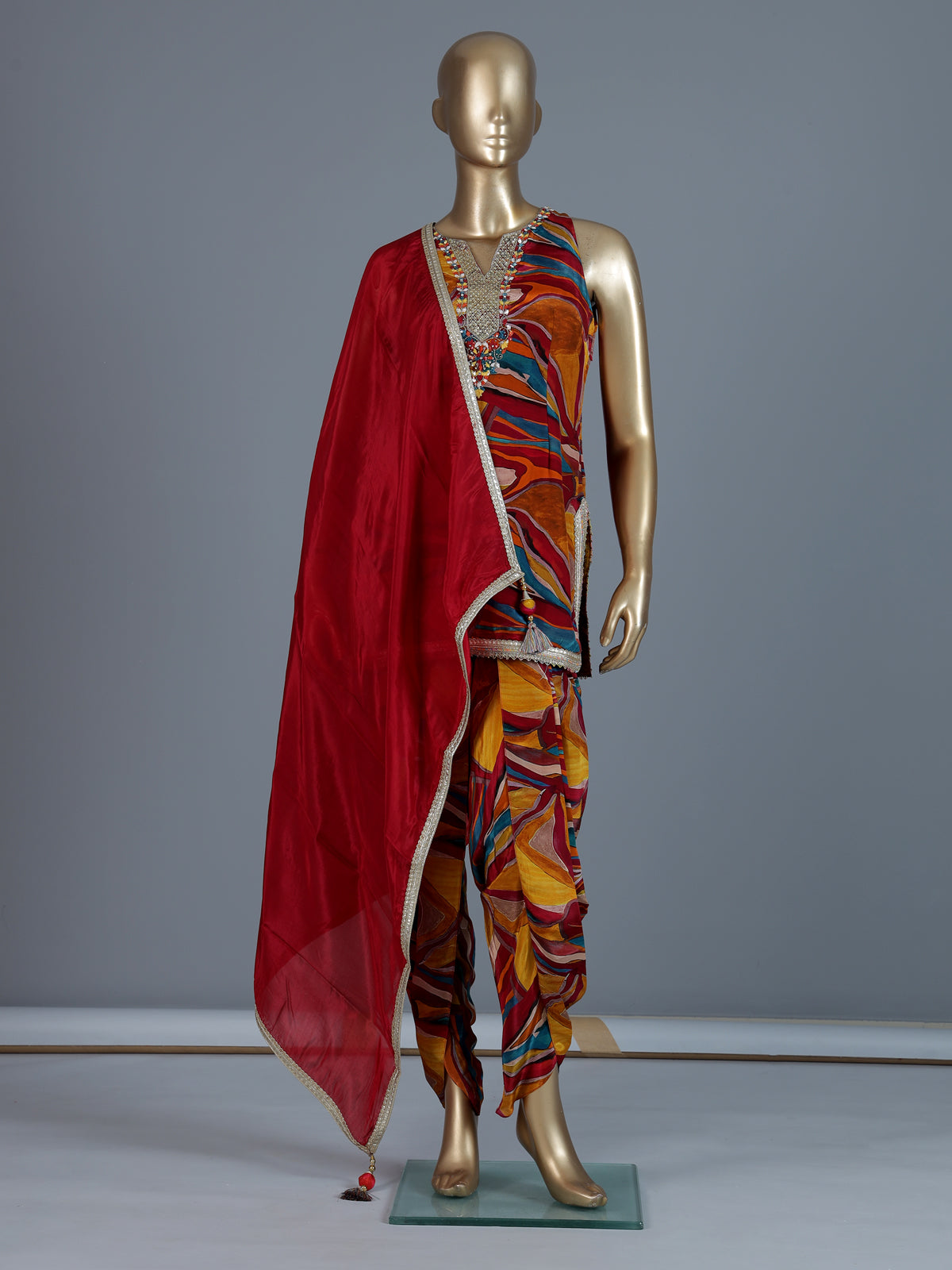 Multicolour printed chinon silk dhoti suit with dupatta