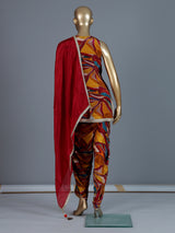 Multicolour printed chinon silk dhoti suit with dupatta