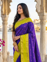 Regal purple soft silk saree with contrast green pallu