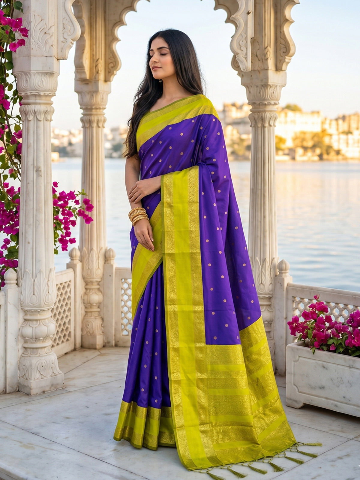 Regal purple soft silk saree with contrast green pallu