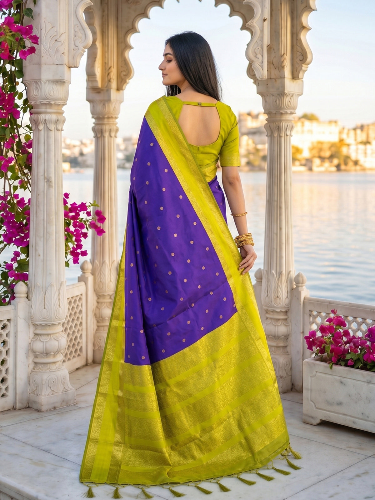 Regal purple soft silk saree with contrast green pallu