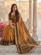 Royal mustard yellow soft silk saree with brown pallu