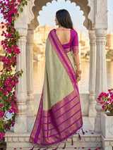 Graceful sage green soft silk saree with contrast magenta pallu