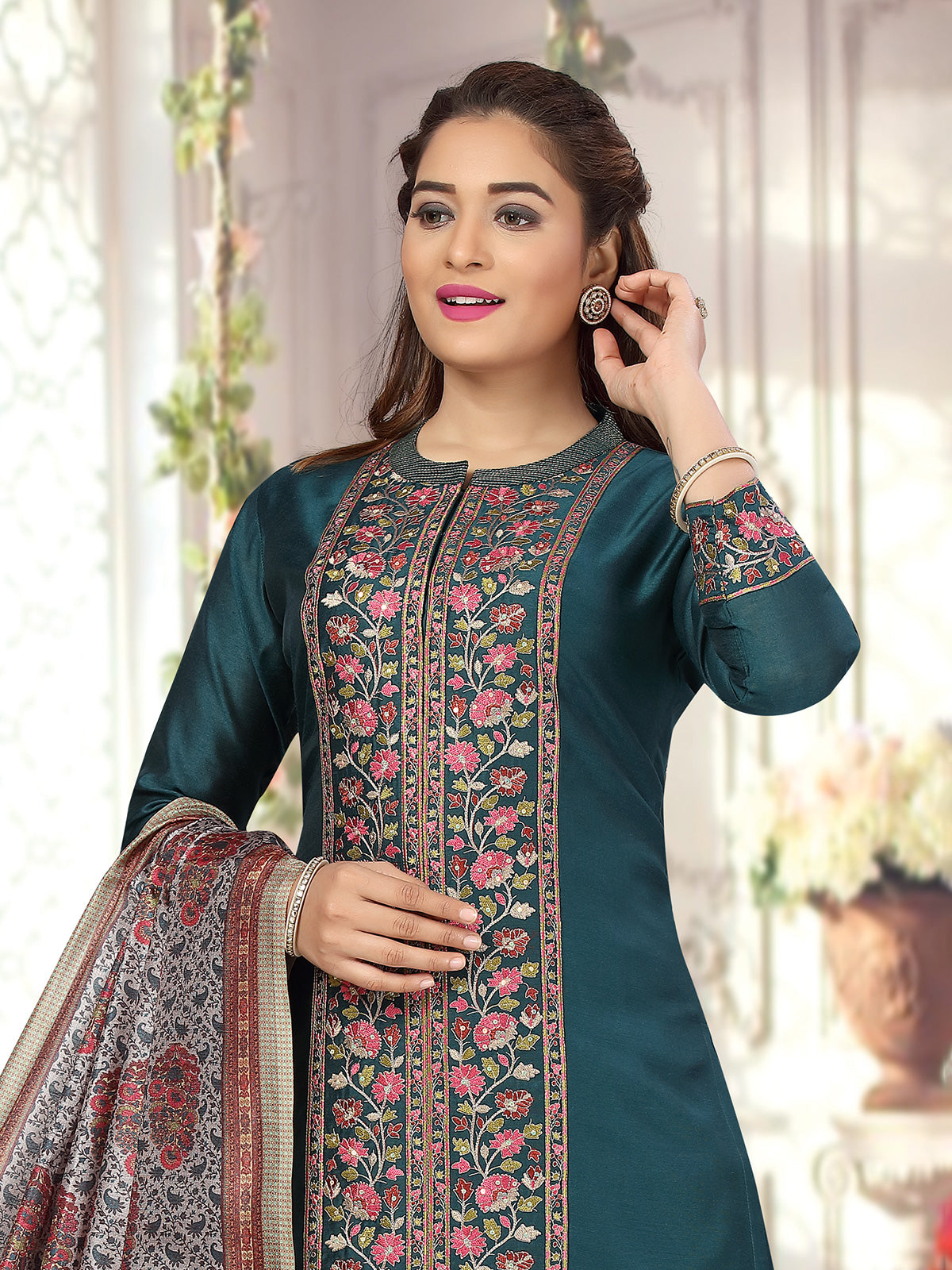 Peacock blue embroidered taffeta silk palazzo suit