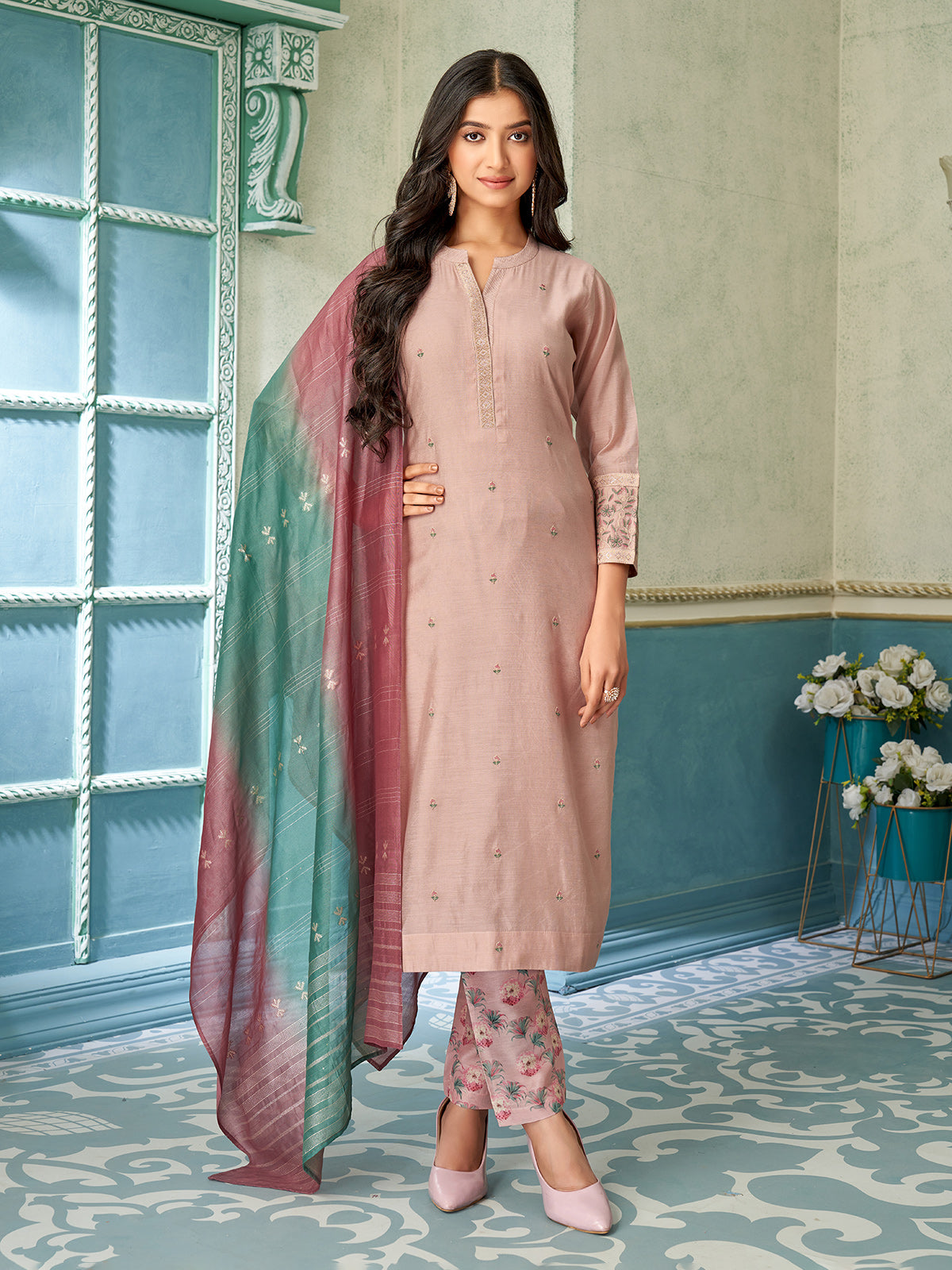 Dusty rose pink printed cotton silk salwar suit