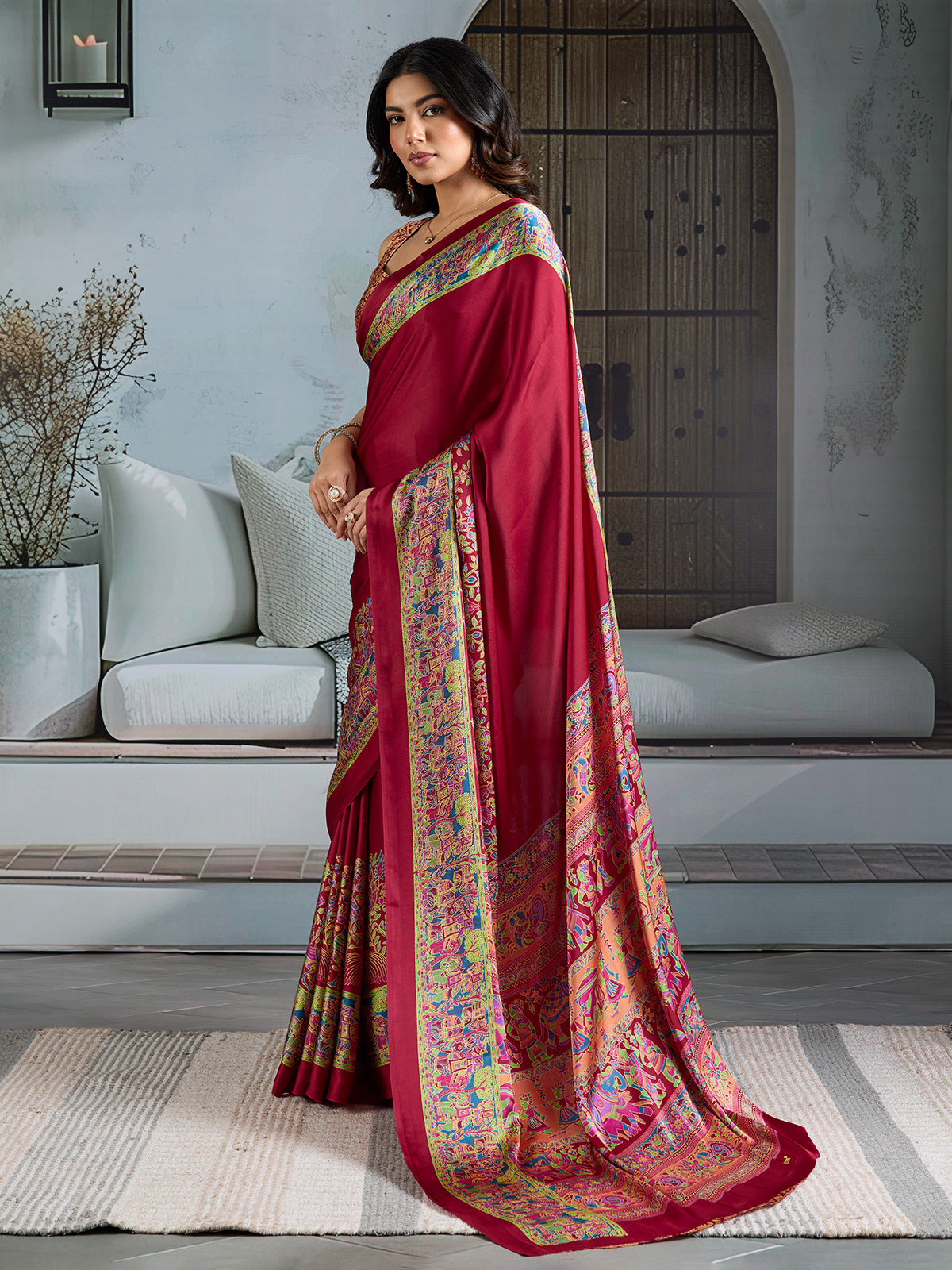 Maroon modal satin saree with ajrakh print