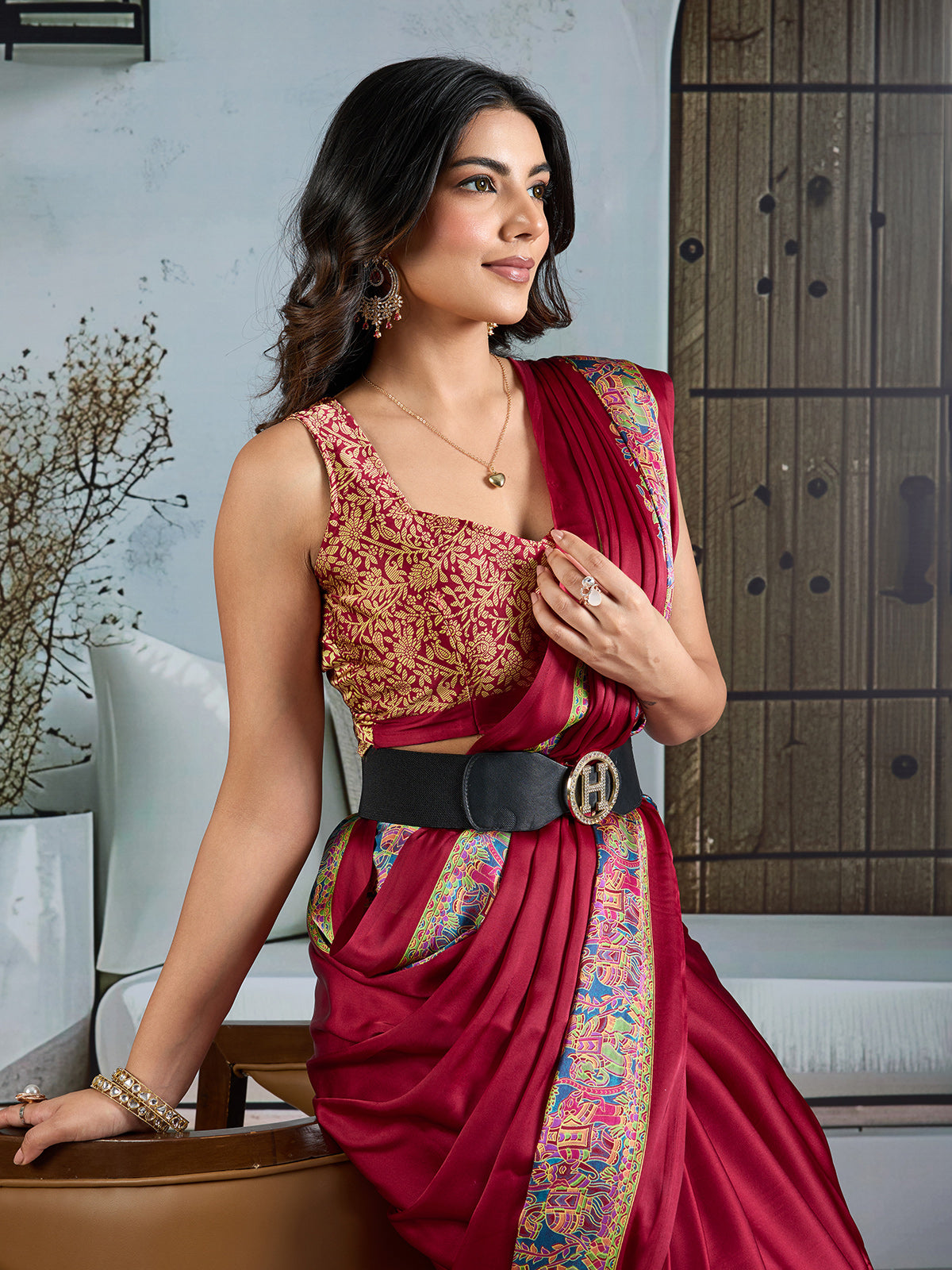 Maroon modal satin saree with ajrakh print