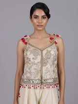 Cream designer shimmer silk palazzo suit with choker