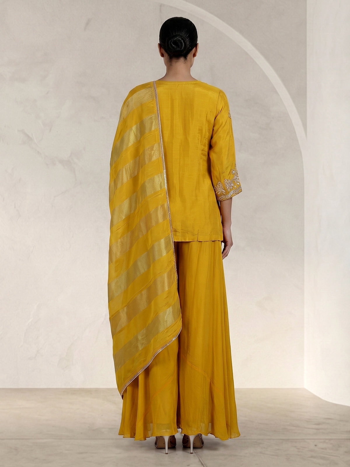 Yellow embroidered art silk palazzo suit