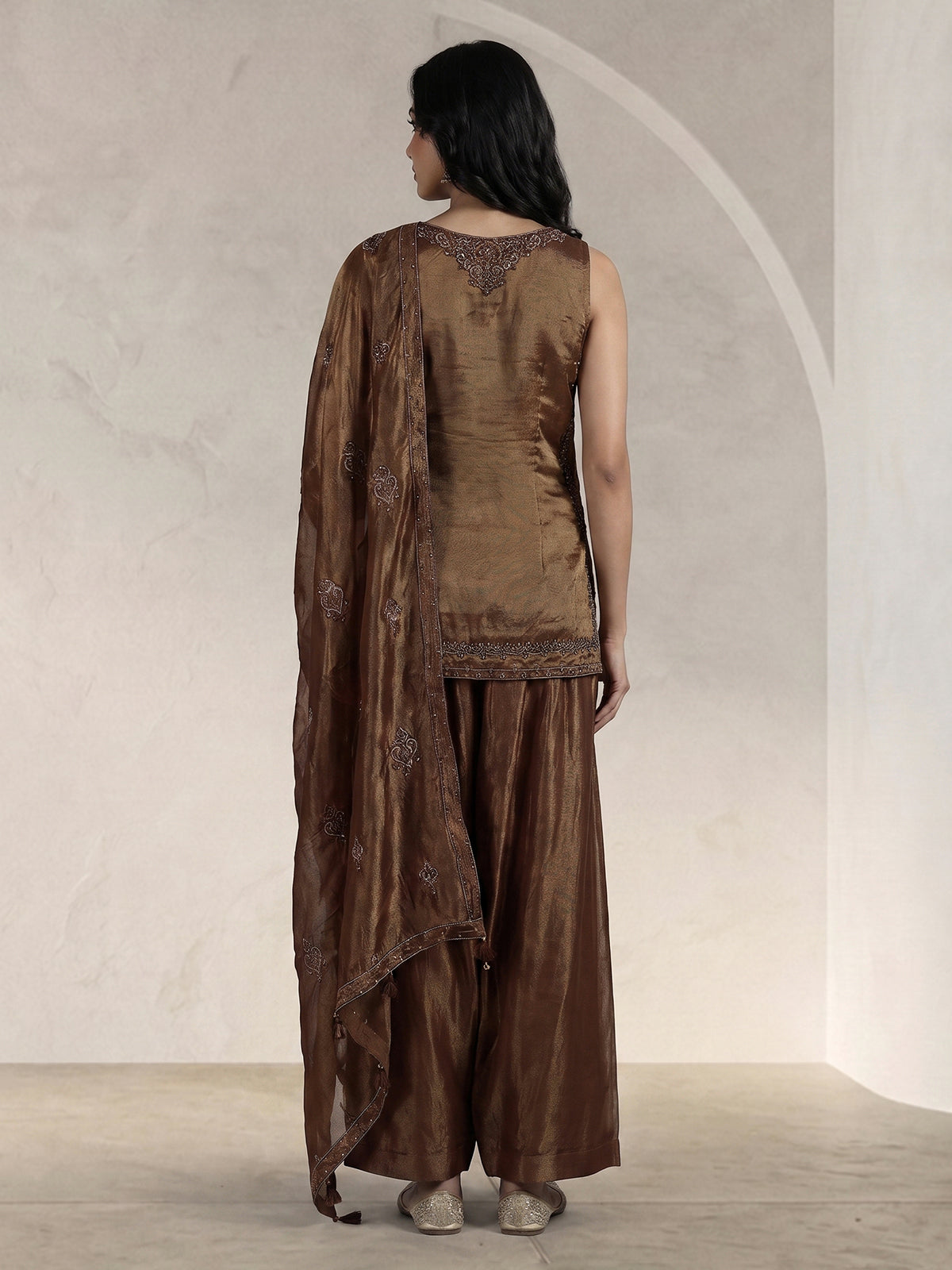 Brown embroidered art silk palazzo suit for women